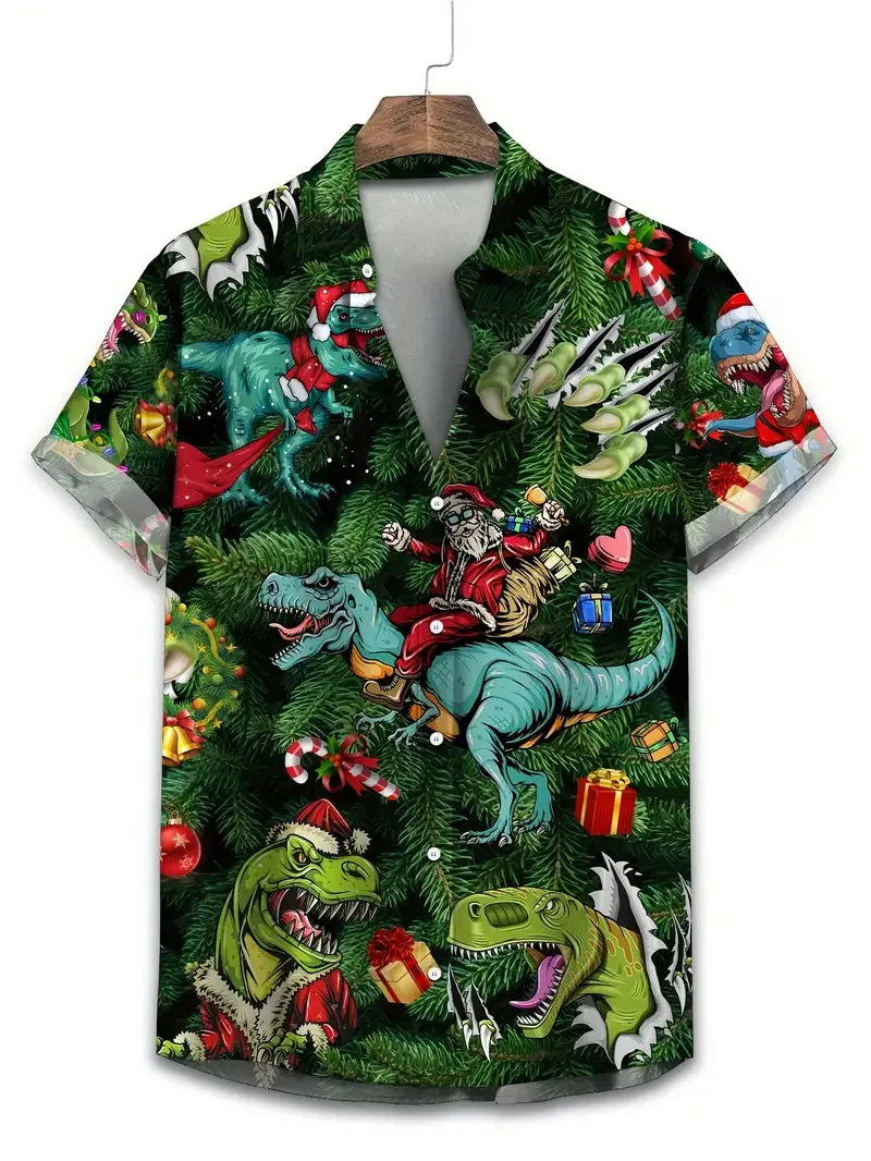 Men's Christmas Santa Beach Vacation Shirts 3D Print Casual Short Sleeve Button Up Hawaiian Shirts Blouse For Men Aloha Shirt