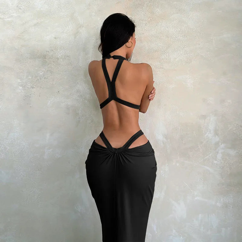 Halter Cut-Out Draped Super-Cut Back Bare Elegant Party Maxi Dress Waistless Backless Sleeveless Khaki Evening Prom Long Dress
