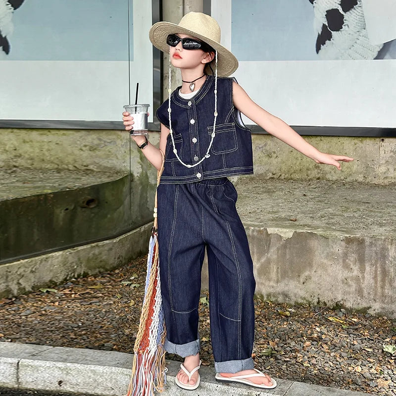 Summer teen Girls Denim Set 2024 Child Sleeveless Cowboy vest+Wide leg pants Two Piece junior kid jeans suit child outfits 10 12