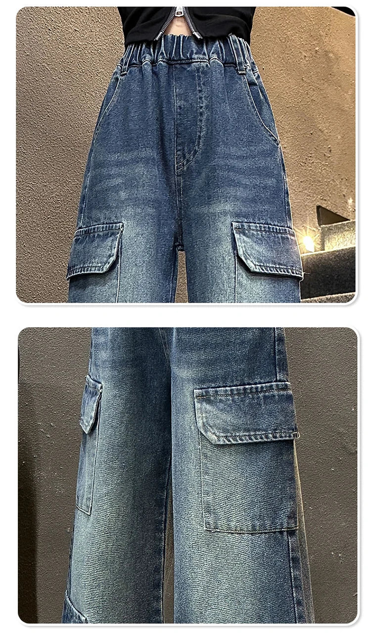 Kids Design Luxury Straight Leg Cargo Jeans with Multi Pocket for Teens Girl Cool Denim Pants Tweens Child Casual Jeans Trousers