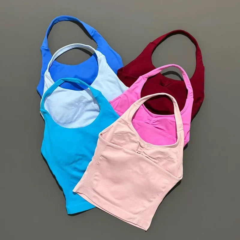HISTELLO Sports Halter Top Seamless Women Sexy Yoga Clothing Backless Gym Tank Tops Push Up Workout Vest Running Fitness Bra Top