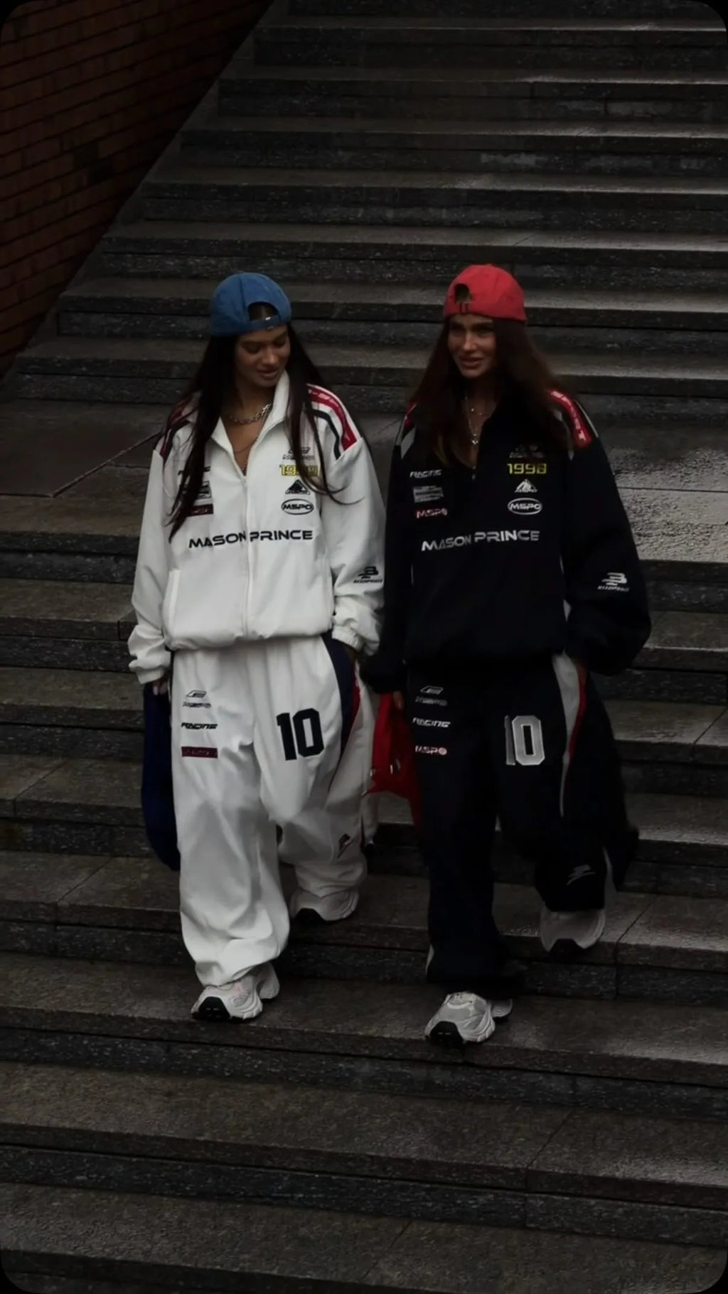 American White Racing Suit Set Women Red White Navy Blue Contrasting Embroidery Loose Jacket Wide Leg Sports Pants Two-piece Set