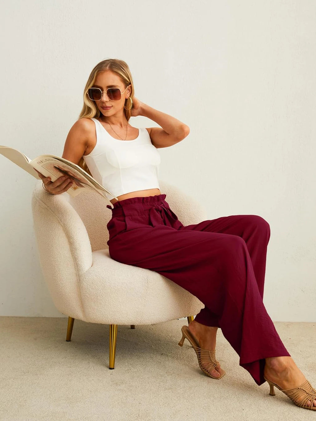 Women's High Waist Wide Leg Casual Pants with Pockets Adjustable Drawstring Loose Slimming Comfortable for Vacation