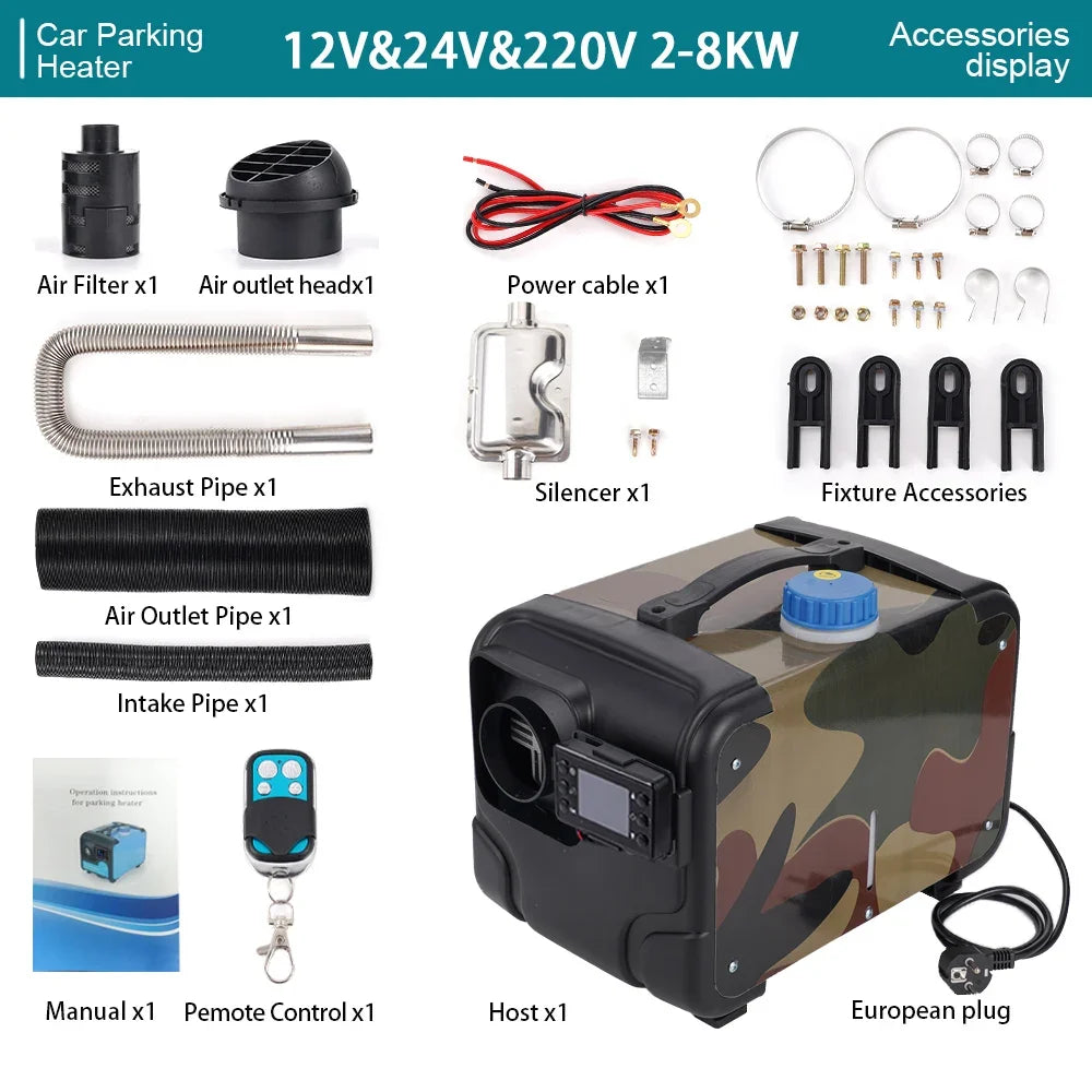 12V 24V 220V 3-in-1 Universal 5KW Car Heater Auxiliary Air Heating Low Noise Heater For Truck Bus RV Motorhome Trailer Boat