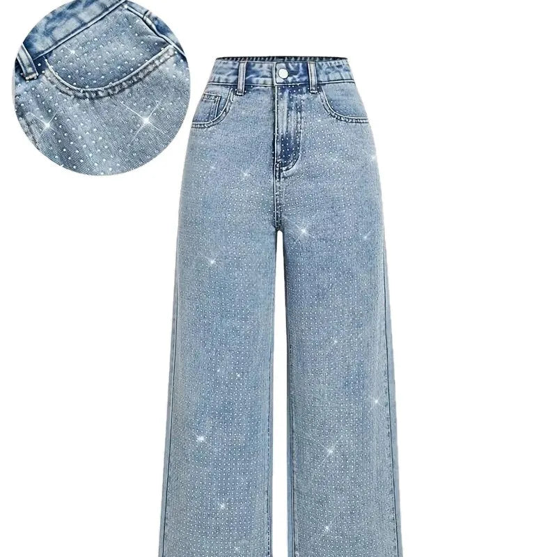Women Diamonds Spliced Jeans Elegant Casual Midi Waist Denim Pants Solid Pockets Button Pant Washed Slight Strech Autumn Winter