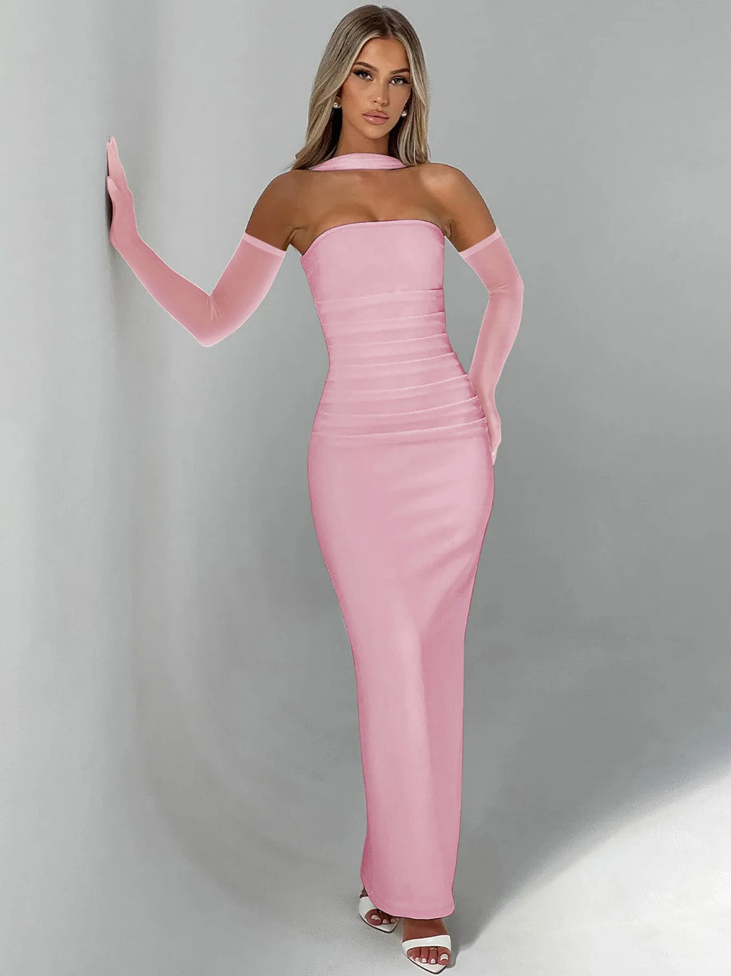 Hugcitar Elegant Scarf Strapless Solid Mesh Gloves Sexy Bodycon Maxi Prom Dress Women Fashion Y2K Outfits Wedding Party Birthday