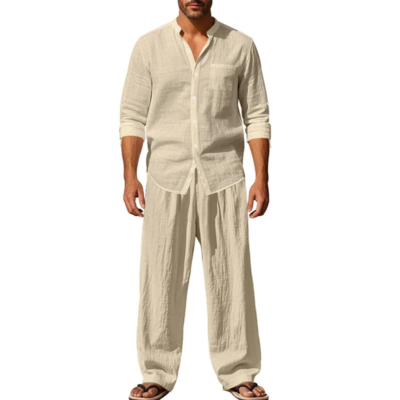 Tracksuit 2025 Seasons Linen Men's Casual Loose Breathable Long sleeved Pants Shirt Beach Set in Stock Male  Clothing Big Size