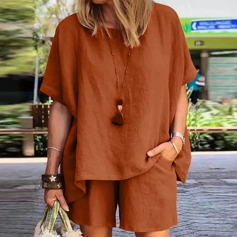 Ladies Shorts Suit Fashionable Summer Women's Elegant Solid Color Pullover Loose Cotton Linen Short Sleeved Shorts Two-piece Set