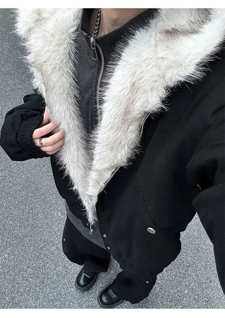 American Retro Lamb Fleece Cotton Jacket Winter Thickened Keep Warm Fur Collar Jacket Zipper Hoodie Loose Coat men clothing