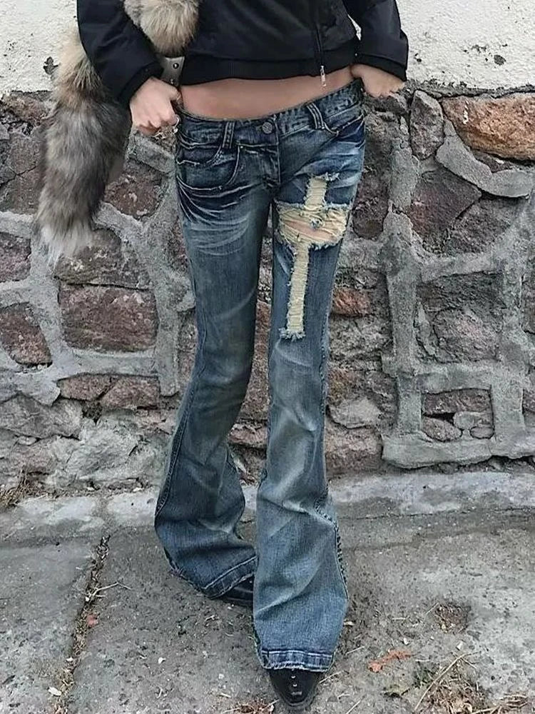 Y2k Aesthetic Women Zipper Denim Pant Spring High Waist Vintage Hollow Out Hole Harajuku Pants Streetwear Grunge Flared Trousers