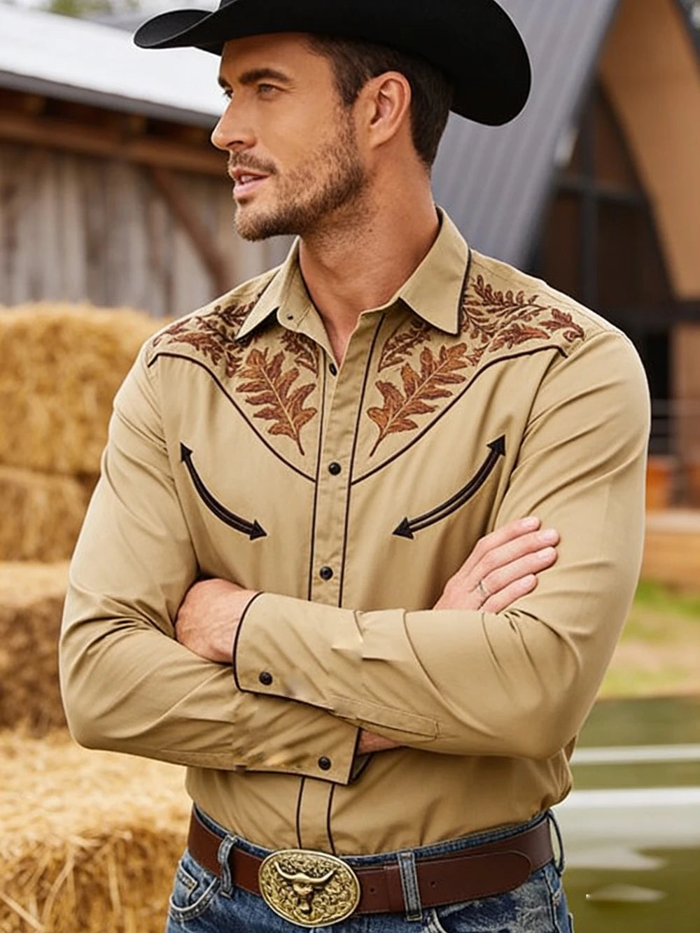 2026 New Men's Western Farm Cactus 3D Print Black Shirt Long Sleeve Collar Button Business Casual Hawaiian Shirt Men For you