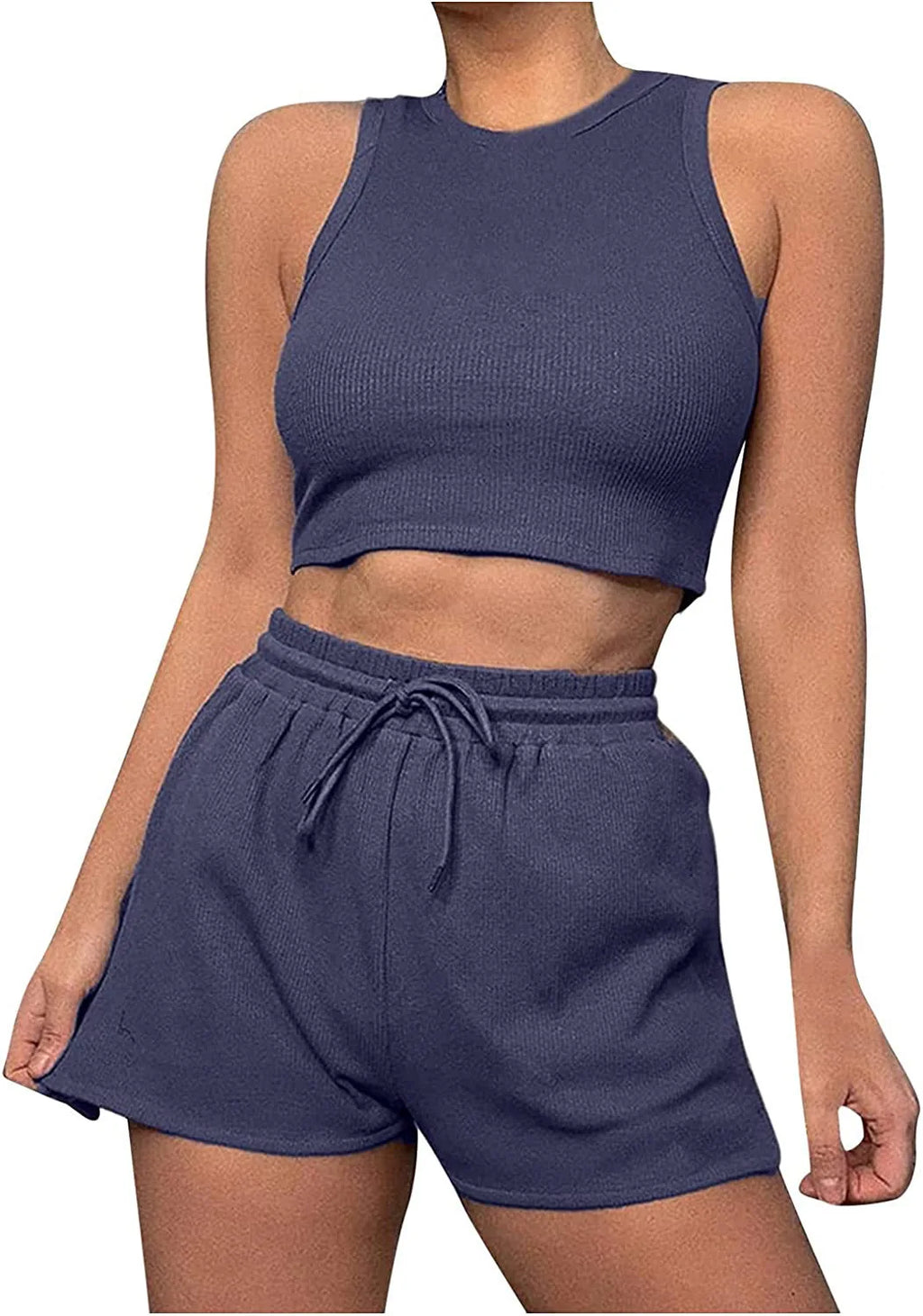 Women Shorts Outfit Solid Sleeveless Ribbed Crop Tank And Drawstring Shorts Casual Tracksuit Workout Set 2 Piece Lounge Set