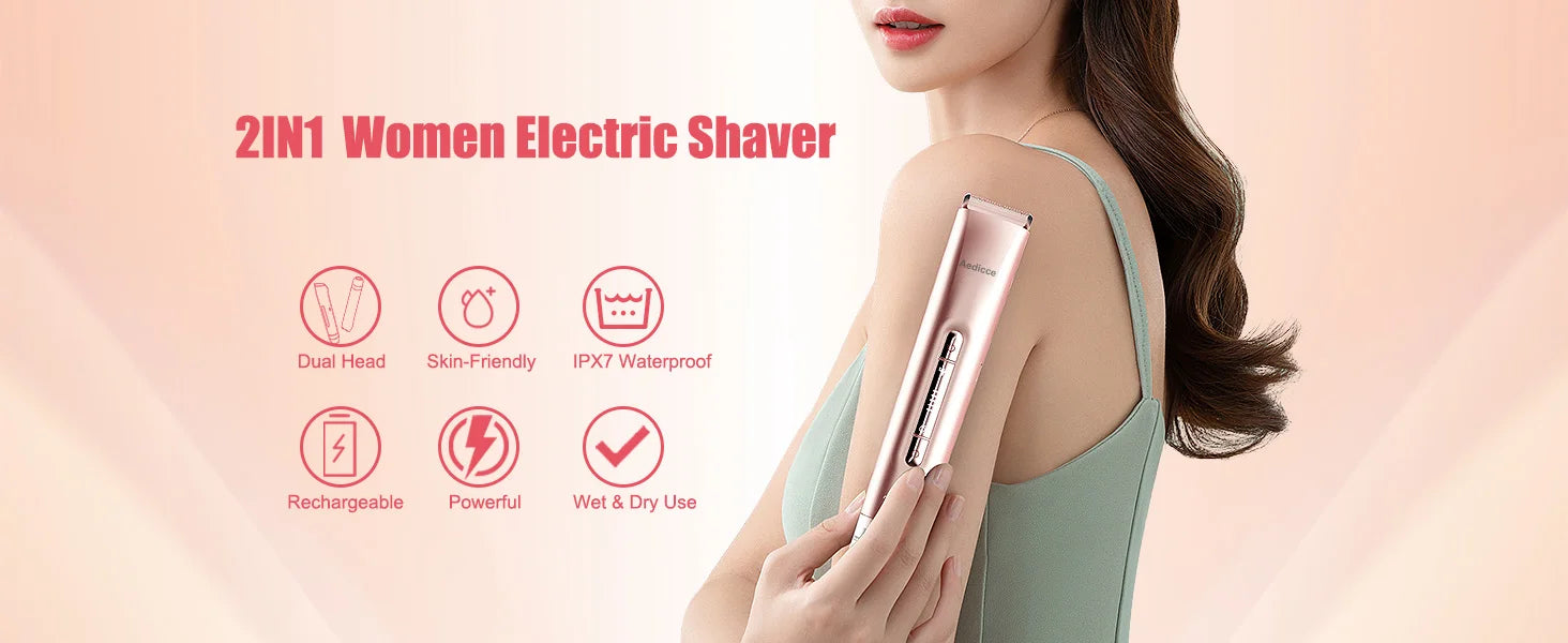 Electric Hair Trimmer 2-in-1 USB Rechargeable Waterproof for Women & Men Bikini Nose Eyebrows Trimming with Dual Heads