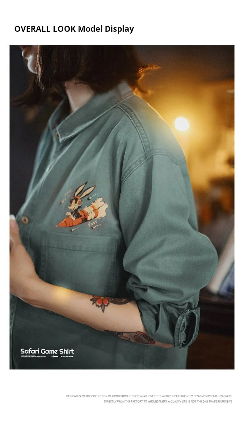 Maden Women's Vintage Washed  Embroidered Print Long Sleeve Shirt 100% Cotton Loose Fit Collar Blouse Single-breasted Fall Tops