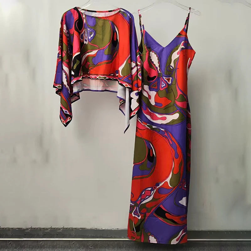 2026 Summer Women's Clothing Retro Geometric Print Loose Short Pullover Two-piece Set + Long Sexy Suspender Dress Fashion Suit