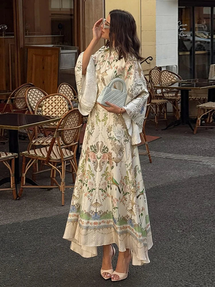 Elegant Women's Printed Long Dresses Loose O-neck Flared Half Sleeve Big Hem Wide Female Dresses 2026 Summer Lady HolidayRobes