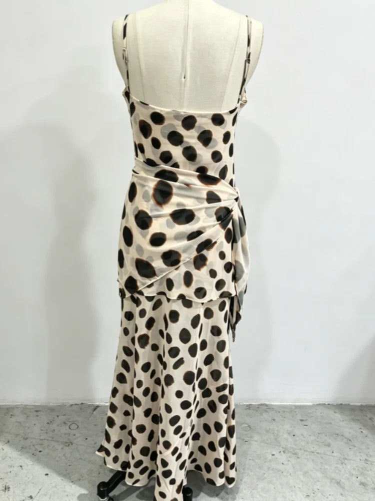 Elegant Animal Print Maxi Dress Detachable Scarf Spaghetti Strap Tie Waist Slim Fit Skirt Women Summer Party Vacation Outfit New