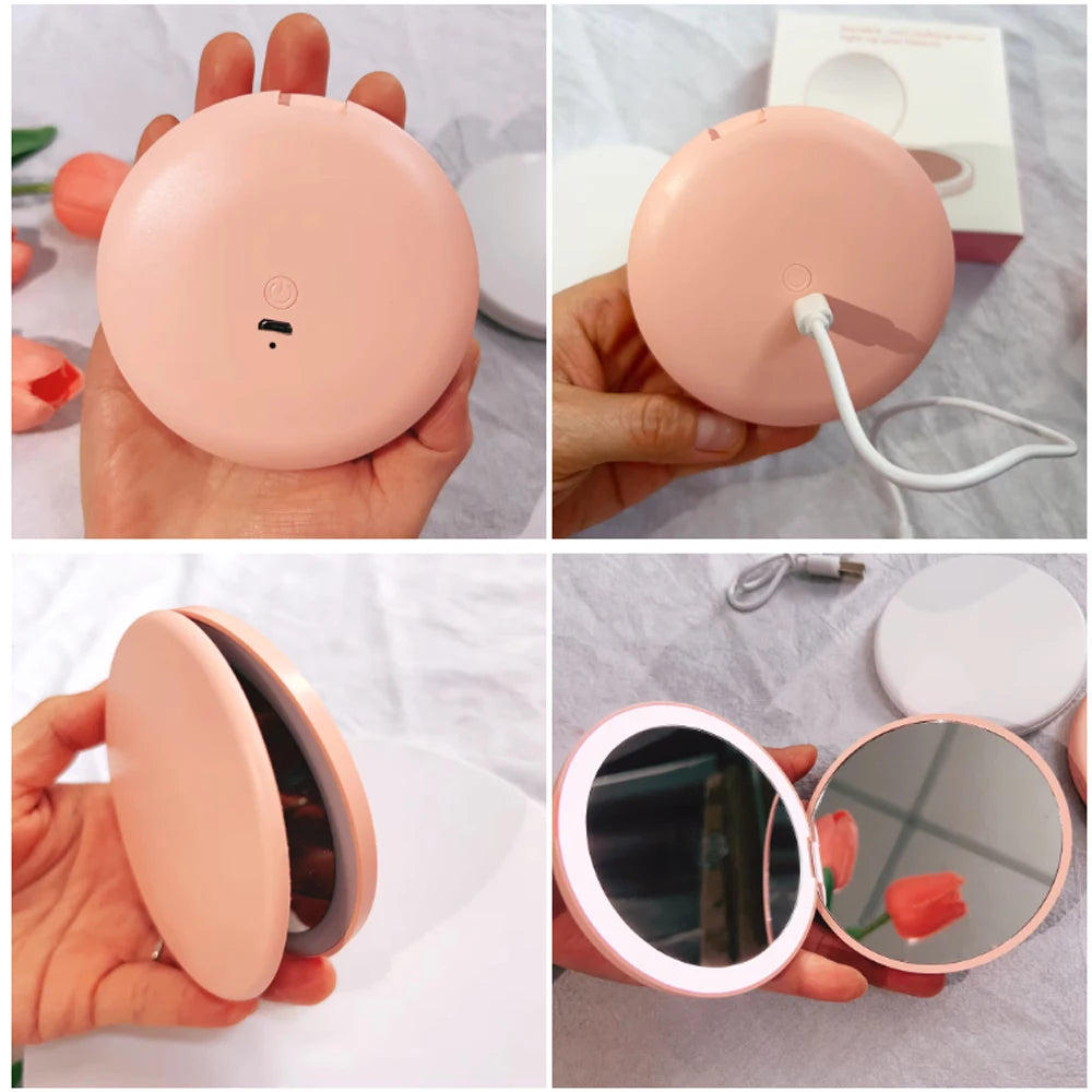 Pocket LED Makeup Mirror Round Portable Folding Small with Light Travel Handheld Cosmetic Compact 2X Magnifying Lighted Mirror