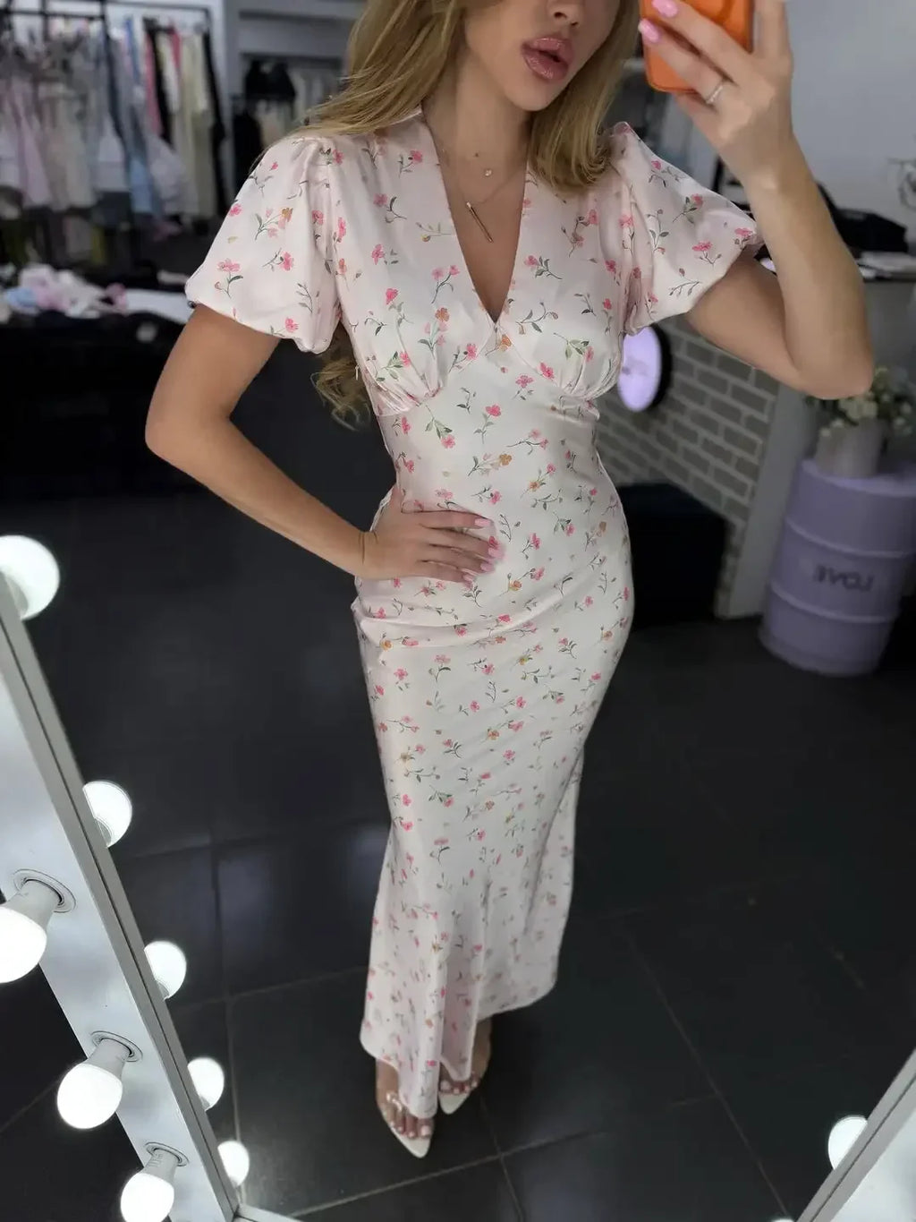 Elegant Printed V-neck Maxi Dress Women Fashion Satin Puff Short Sleeve High Waist Slim Long Dresses 2026 Summer Lady Party Robe