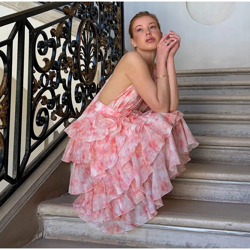 Floral Print Halter Neck Tiered Ruffle Dress Waist Cinched V Neck 2026 Summer Causal Women Vacation Irregular Layered Vestido