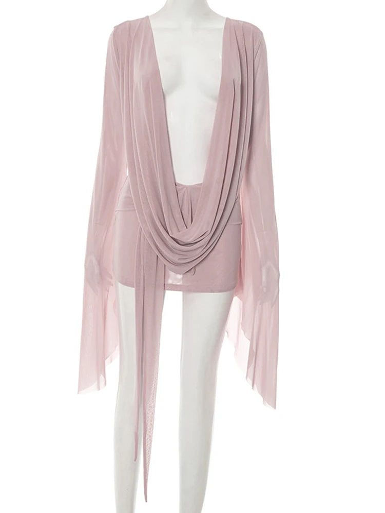 Beyprern Elegant Flare Sleeve V Neck Ruched Sheer Mesh Short Dress Pink Holiday Outfits Beach Cover-Up Dress Night Out Vestidos