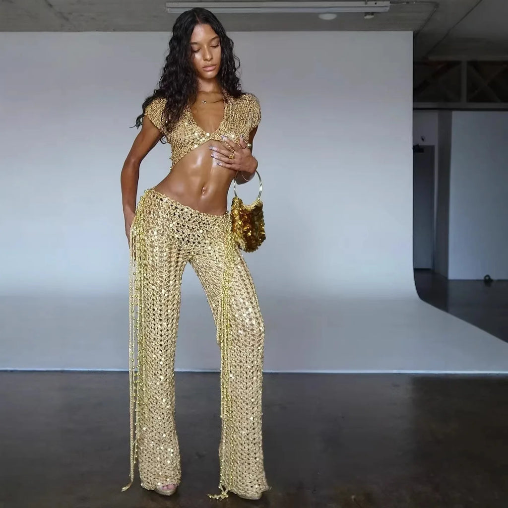 Sexy Sequin Hollow Out Pants Set V-neck Short Sleeved Top+Pants Two Piece Set Fashion Party Clubwear Evening Festival Outfit