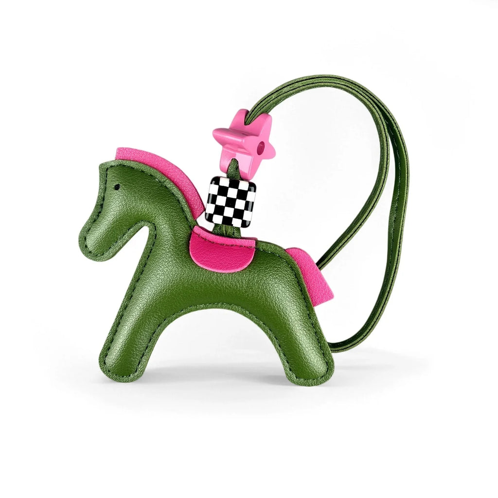 Chic PU Leather Pony Bag Charm, Lucky Clover & Checkered Bead Pendant, Y2K Boho Purse Accessory, Gift for Her