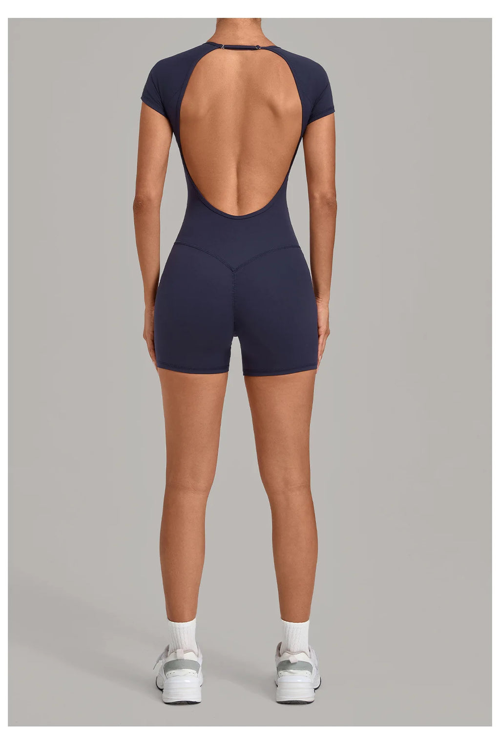 Women Short Sleeve Open Back Yoga Bodysuit Squat Proof Short Jumpsuit Gym Pilates Running Workout Fitness Sport Activewear
