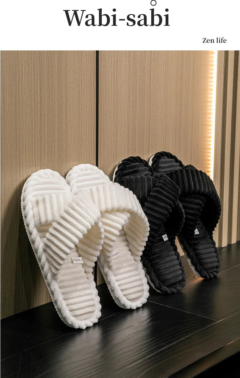 Fashion Corduroy Cross Band Open Toe Home Slippers Women Autumn Winter Warm Plush Slides Ladies Bedroom Soft Sole Slippers