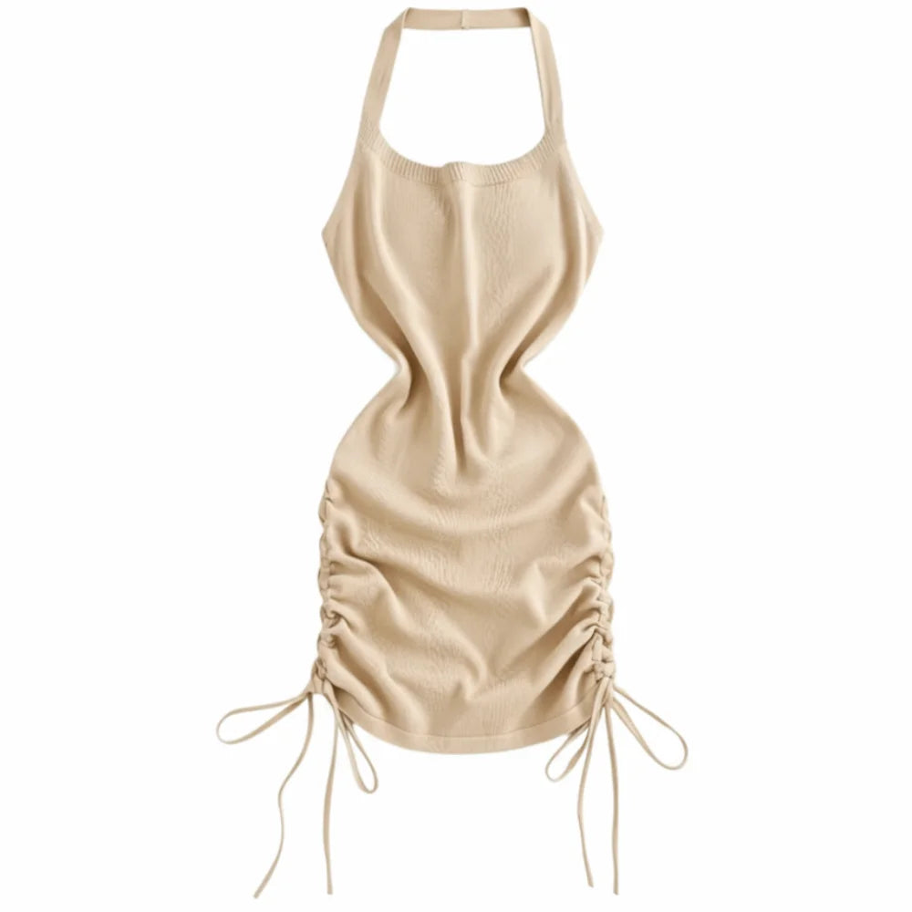 Solid Color Halter Neck Dress Ruched Side Drawstring Mini Dress Stretchy Knit Sleeveless Design Bodycon Dress Women Summer Wear