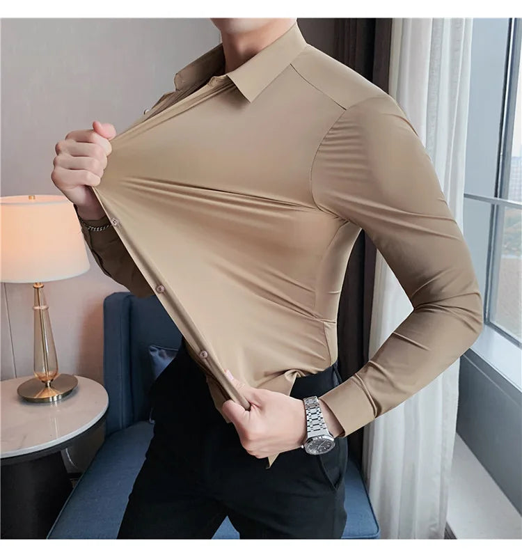 Men's Ultra Stretch Seamless Long Sleeve Shirt Top Quality Business Casual Breathable Stretchable Solid Color Formal Dress Shirt