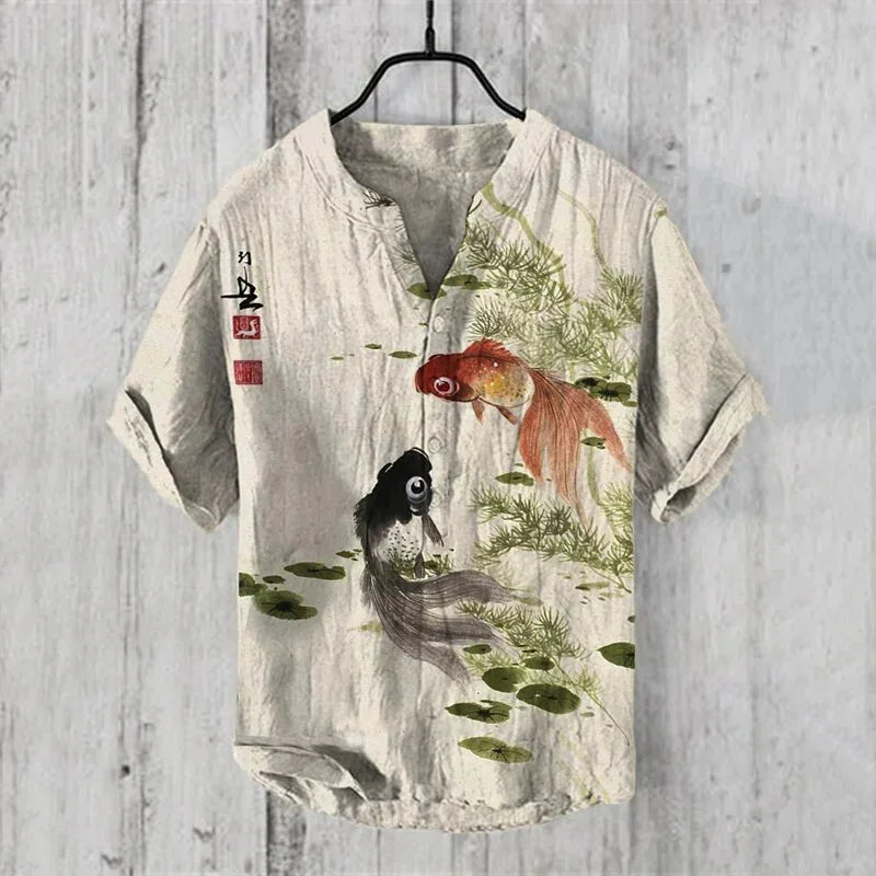 Hot sale Henry shirt 2025 summer men's casual short-sleeved T-shirt floral print top linen blend comfortable fabric XS-6XL size