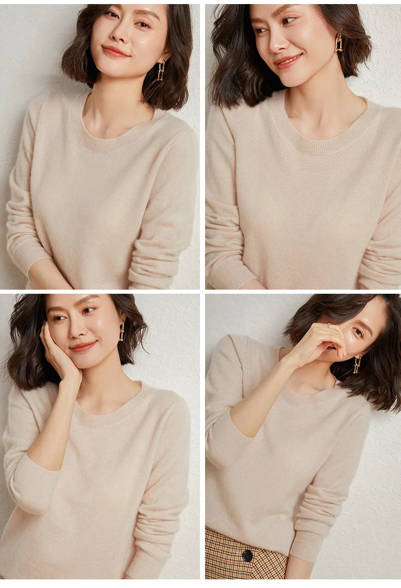 100%Merino Pure Wool Pullover Sweater For AutumnWinter Women's Round Neck Warm High-Quality Solid Color Basic Knitted Jumper Top