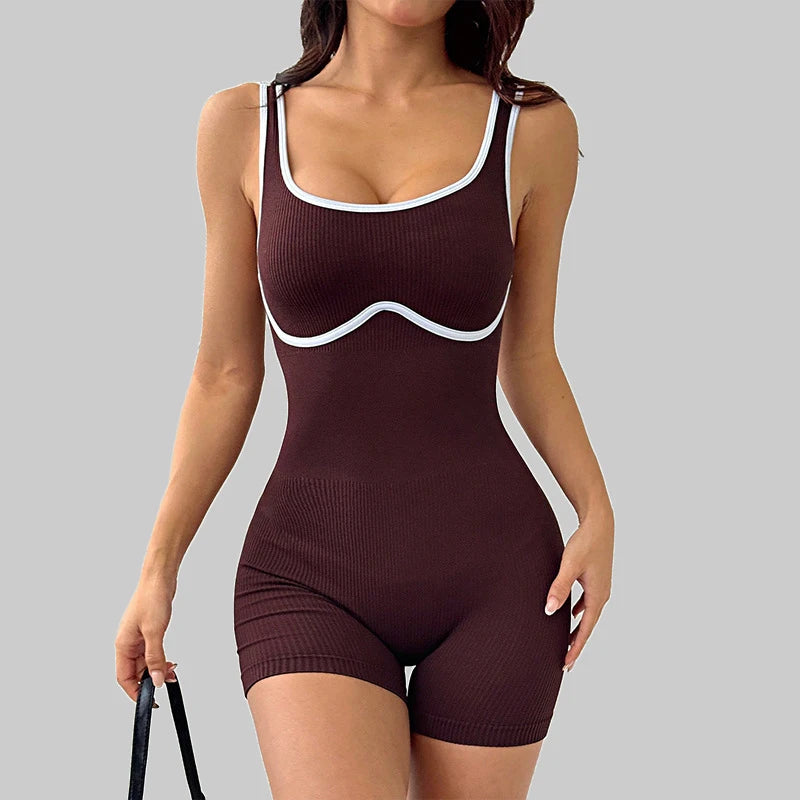 2026 Seamless Shoulder Strap Aerobatic Sport Outfit with Elastic Color Contrast One-Piece Yoga Set, Tight Back-Fitting One-Piece