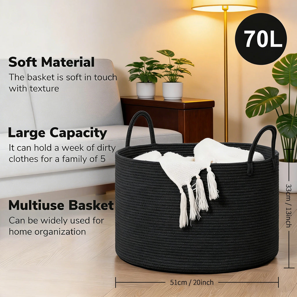 Extra Large Storage Basket, 70L Woven Blanket Storage for Living Room, Round Basket for Clothes, Big Laundry Hamper