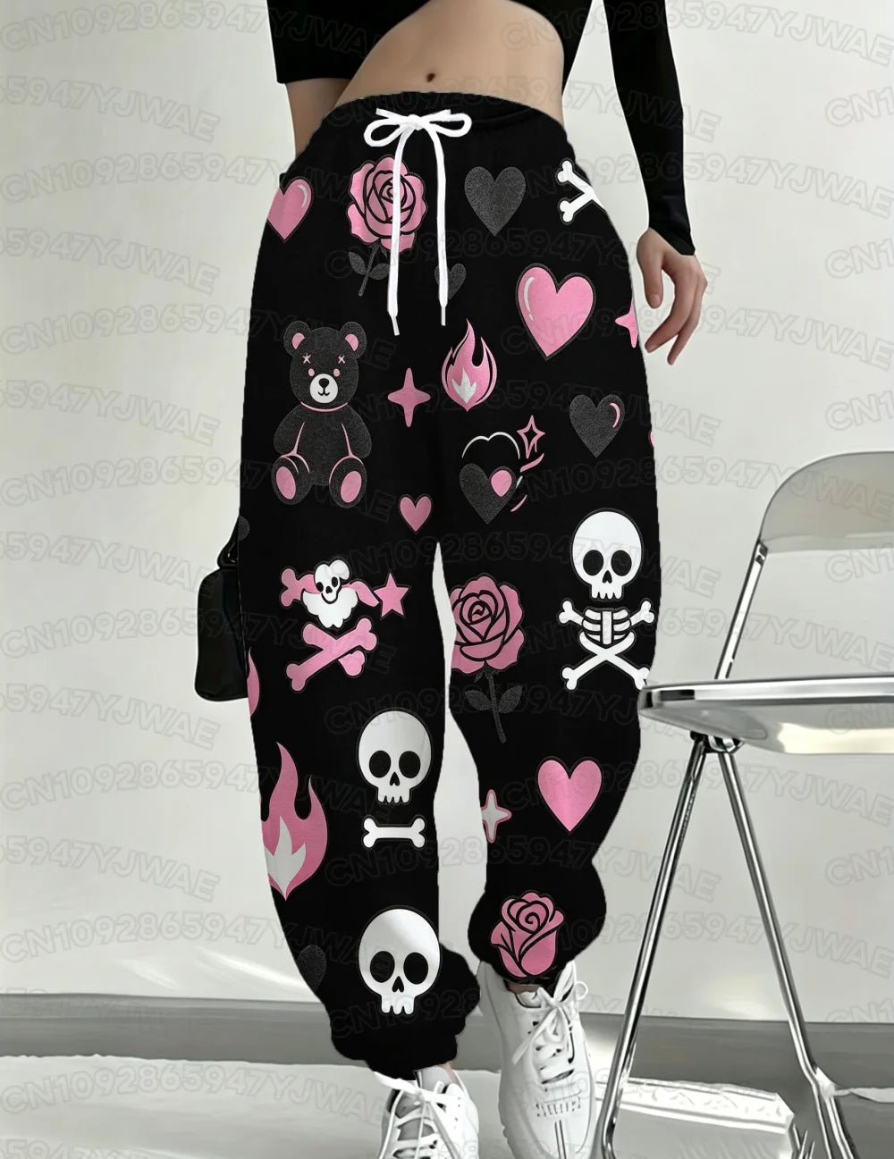 Spring and Autumn Women's Men's Skull Print Street Style Pastel Goth Hip Hop Yami Kawaii Y2K Kawaii Creepy Long Jogger Pants