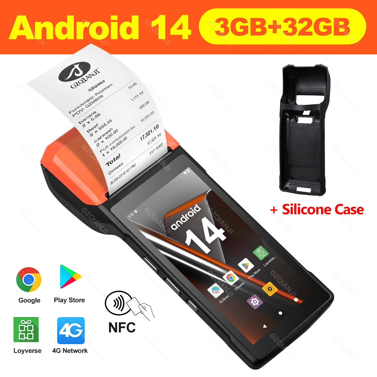 4G Android 14 Upgrade POS Terminal with NFC Handheld Thermal 58mm POS Printer 1D 2D Barcode Scanner All in One for Business