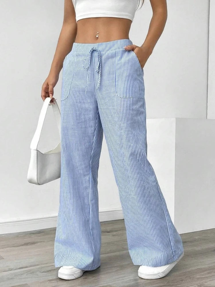 New Autumn Striped Drawstring Pants for Casual and Comfortable Street Fashion Loose Straight Leg Wide Leg Pants Trousers Women