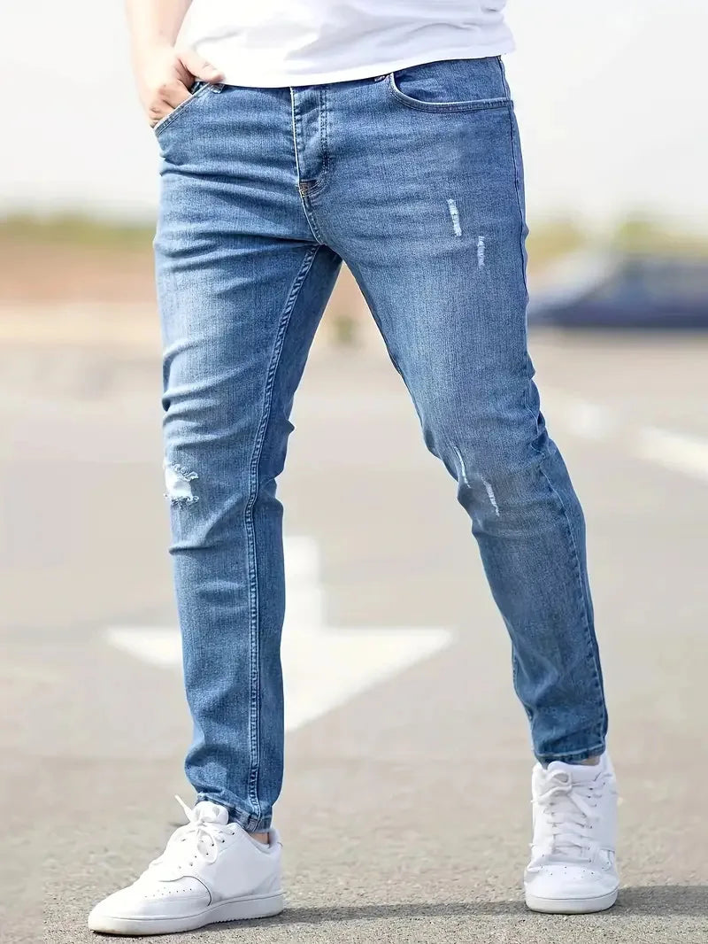 2026 New Fashion Men's Skinny Ripped Jeans Mid Waist Stretch Denim Pants Male's Slim Trousers with Pocket Casual Soft Streetwear