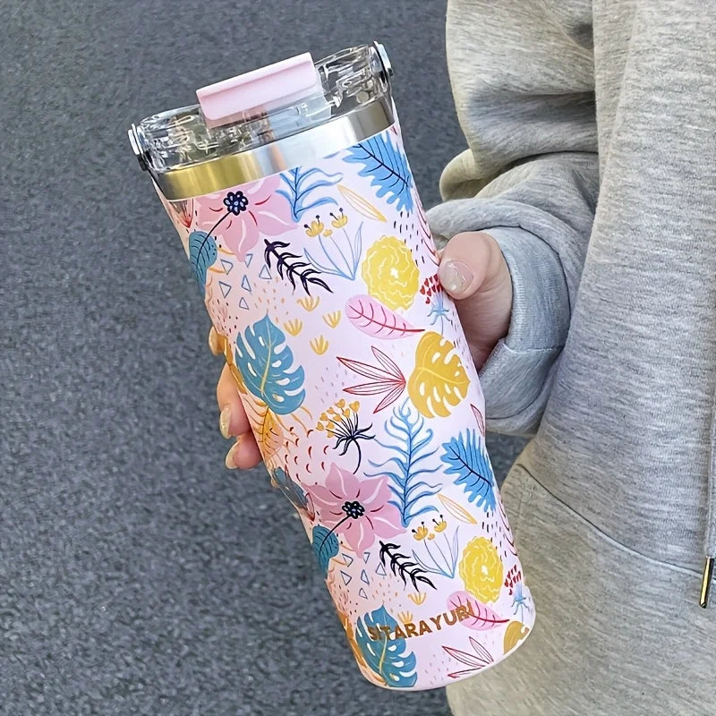 1pc Lightweight Luxury Floral Stainless Steel Thermos Flask 900ML Large Capacity Outdoor Water Bottle with Straw and Handle