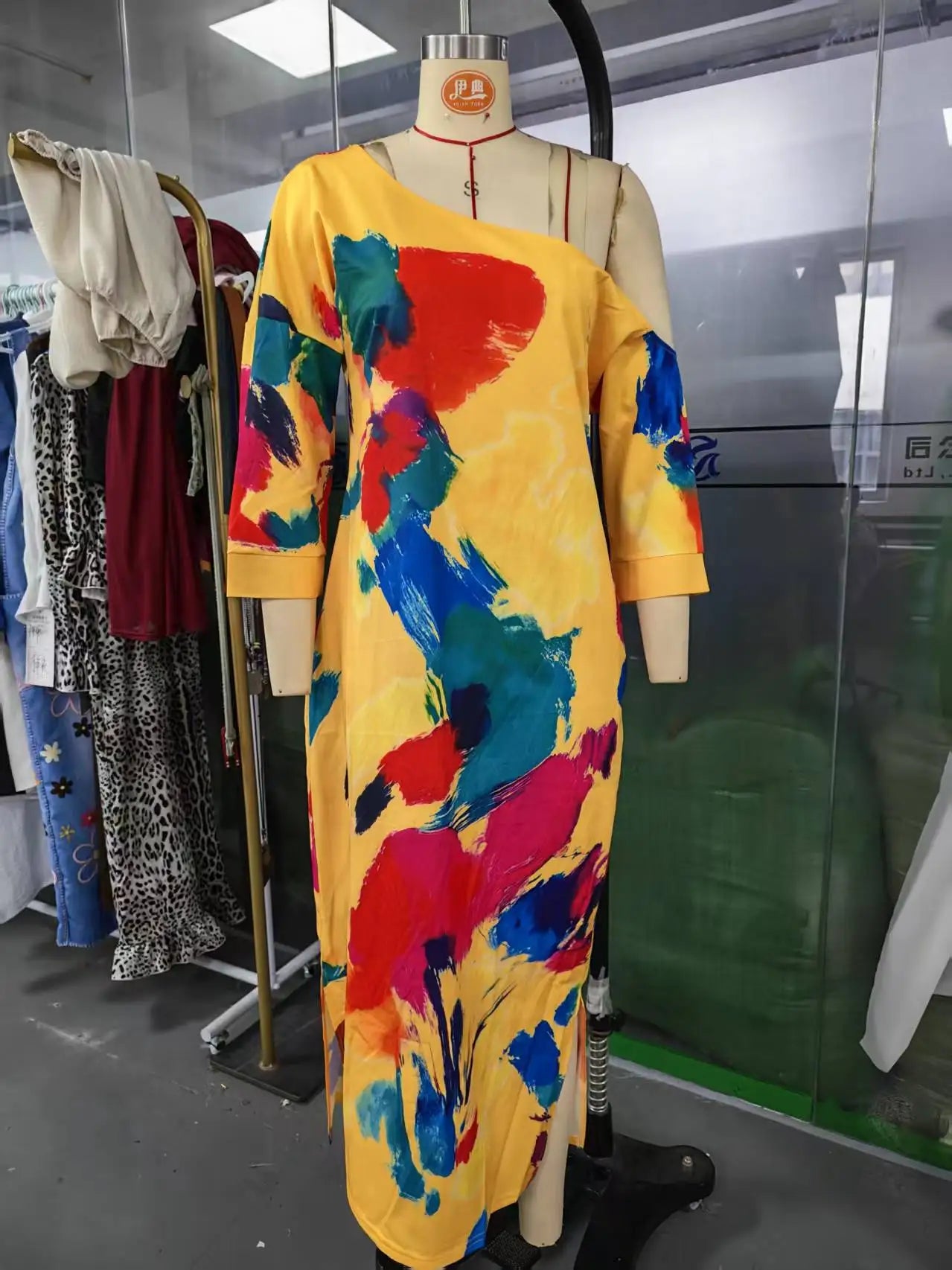 Abstract Brush Print One Shoulder Maxi Dress 3/4 Sleeve Loose Fit Casual Kaftan with Pockets, Bohemian Art Print Dress for Women