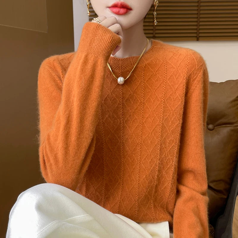 Fall/Winter 2024 New Women's Sweater 100% Pure Wool Lotus Collar Solid Color Loose Knitted Cashmere Pullover