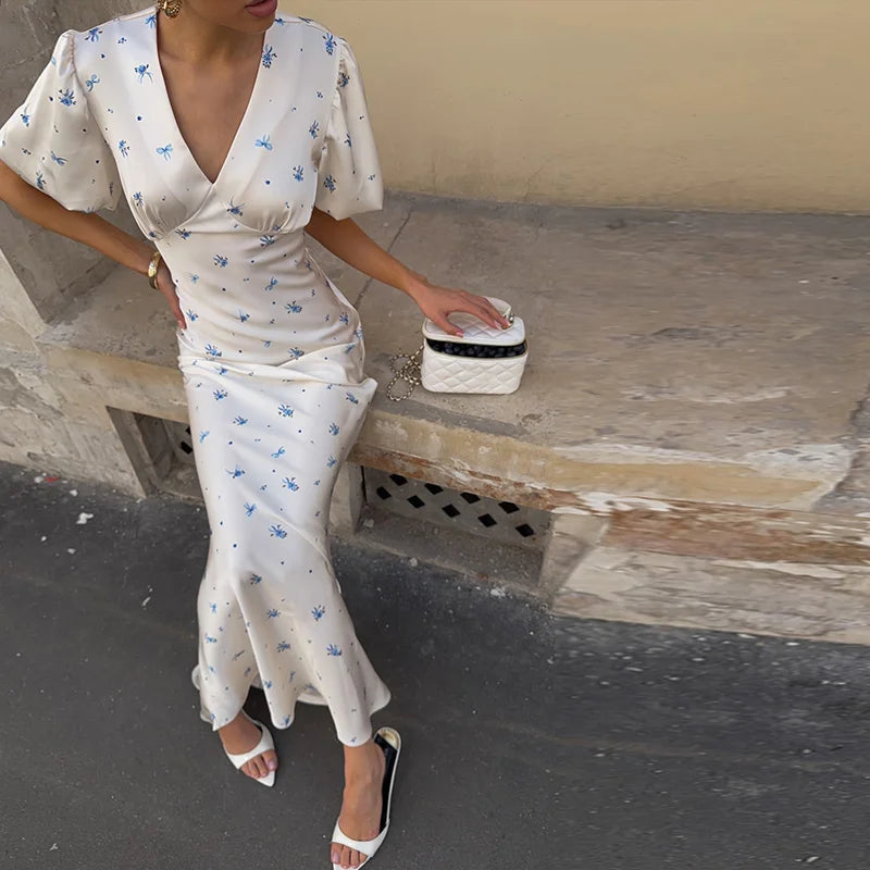 Casual Print Long Slim Dress Women Short Puff Sleeve Closed Waist V-neck Dresses Female 2026 Summer Autumn Lady Robes Chic