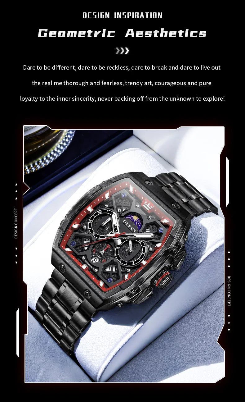 OLEVS 2942 New Mens Watch Tonneau Quartz Watch Stainless Steel Waterproof Sports Moon Phase Date Watches For Man Original Reloj