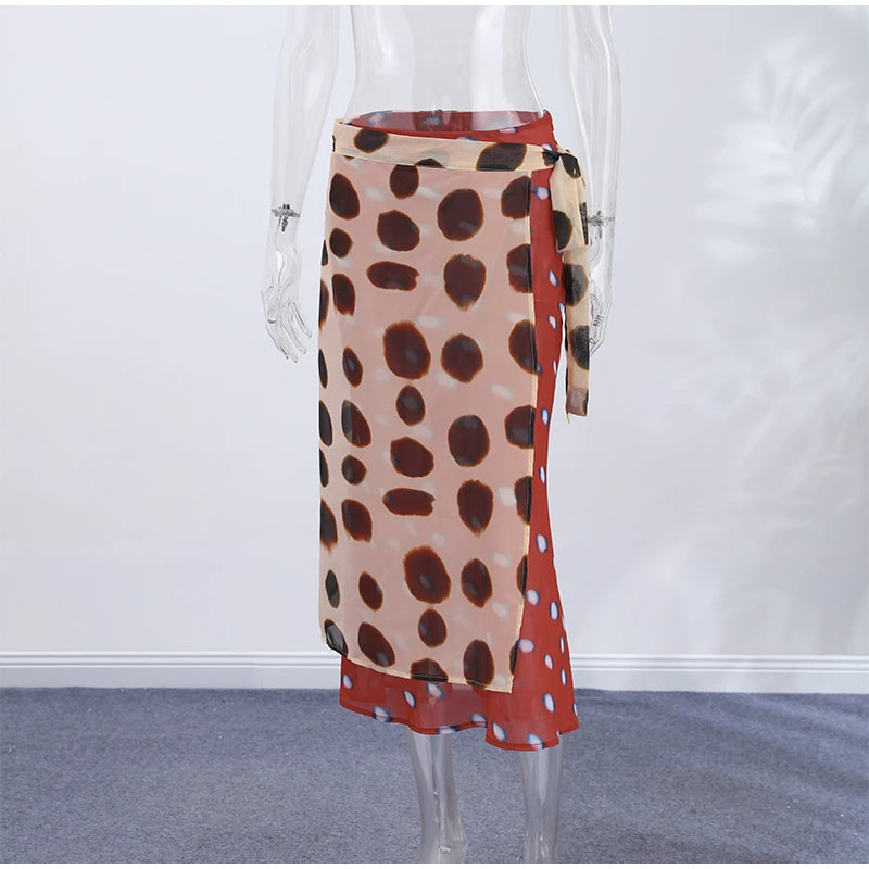 High Waist Wrap Tie Midi Skirt Color Block Abstract Floral Patchwork Print Flowy Satin Skirts 2026 Summer Holiday Boho Chic Wear