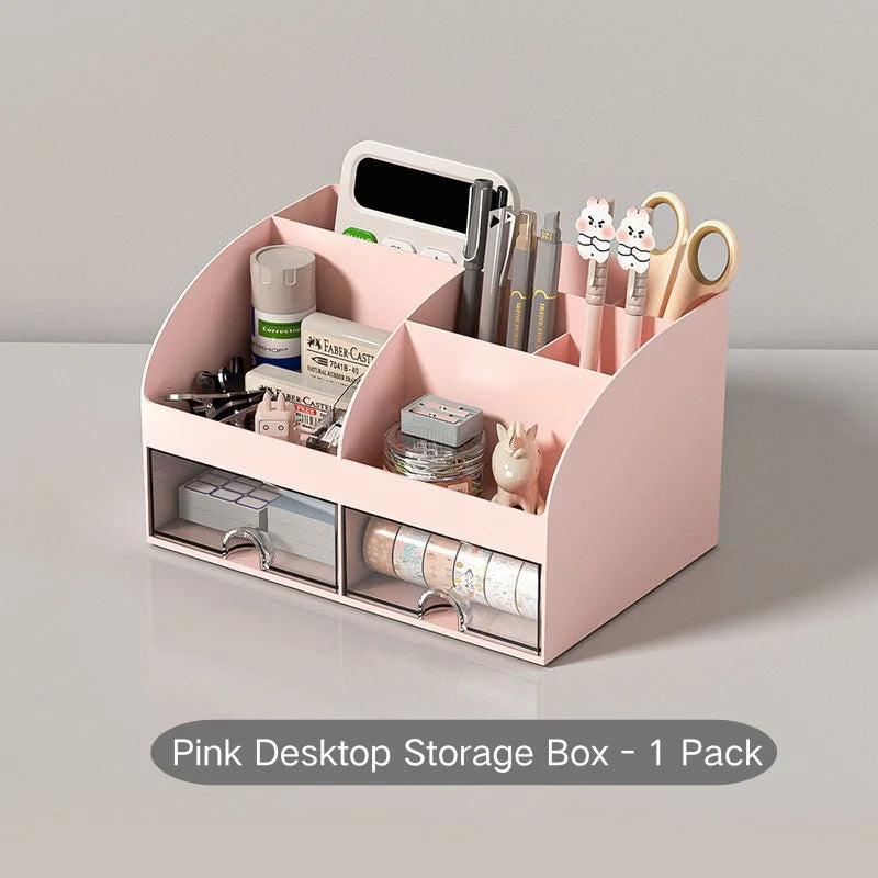 Desk Organizer with 2 Drawers, Multi-Compartment Plastic Desktop Storage Box for Stationery, Makeup & Office Supplies