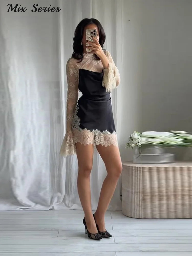 Sexy Color Block Bodycon Dress Women's Lace Insert Full Sleeve Y2K Mini Dresses 2025 Autumn Lady New Elegant Party Clubwear