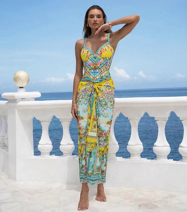 Retro Bikini Printed Fashion Two Piece Swimsuit And Cover Up With Skirt Tight Women's Bandage Summer Beach Luxury Elegant