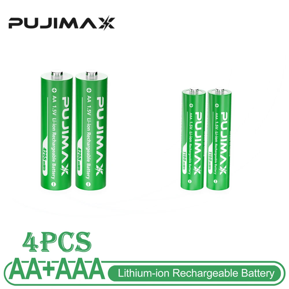 PUJIMAX Lithium-Ion Rechargeable Battery High-Capacity 1.5V 4255mWh AA&1100mWh AAA Battery for Remote Control Mouse Electric Toy