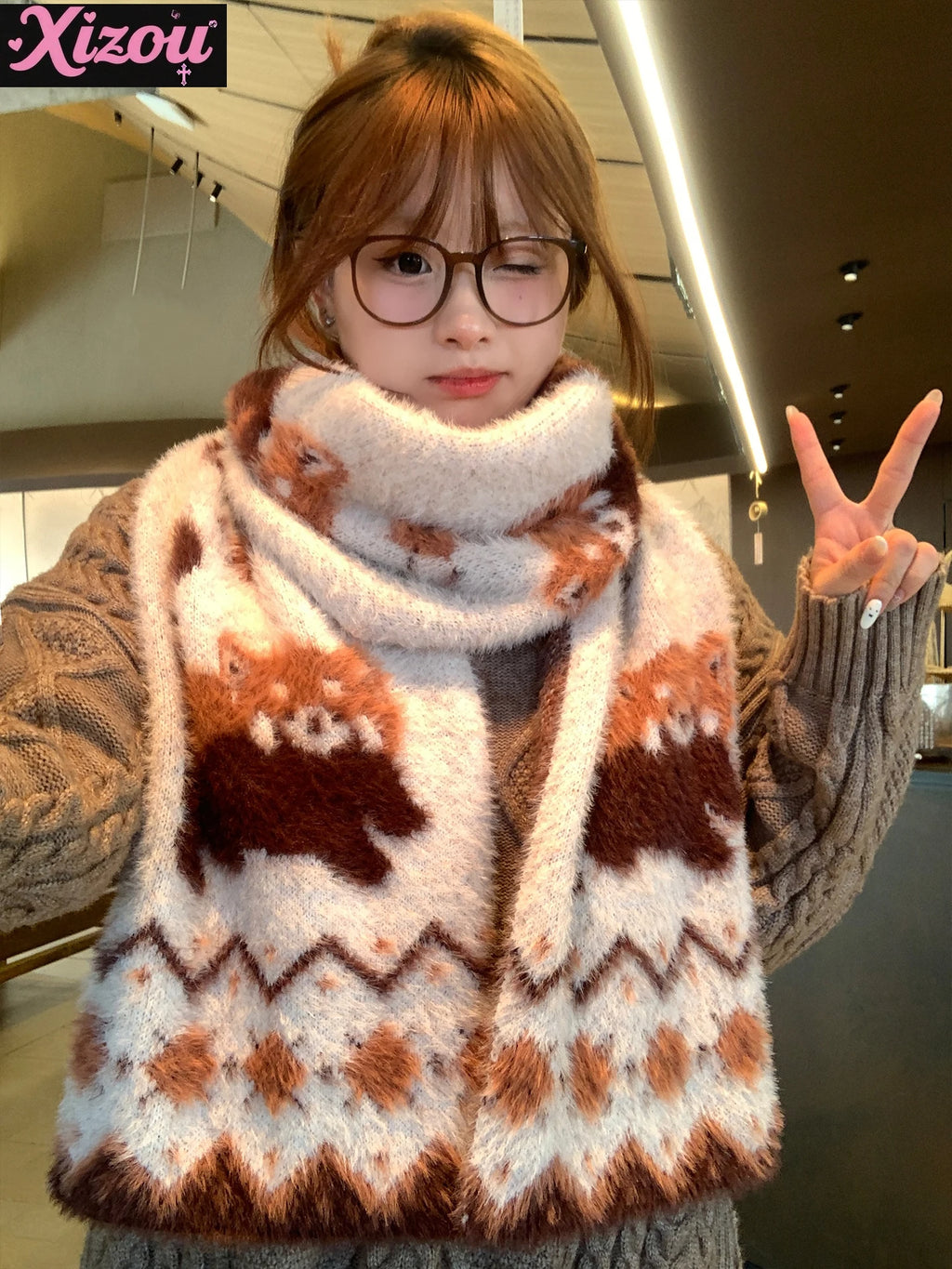 Japanese Cute Lolita Cartoon Red Panda Plush Scarf Female Autumn Winter Thickened Warm Versatile Maillard Neck Scarf 2025 New